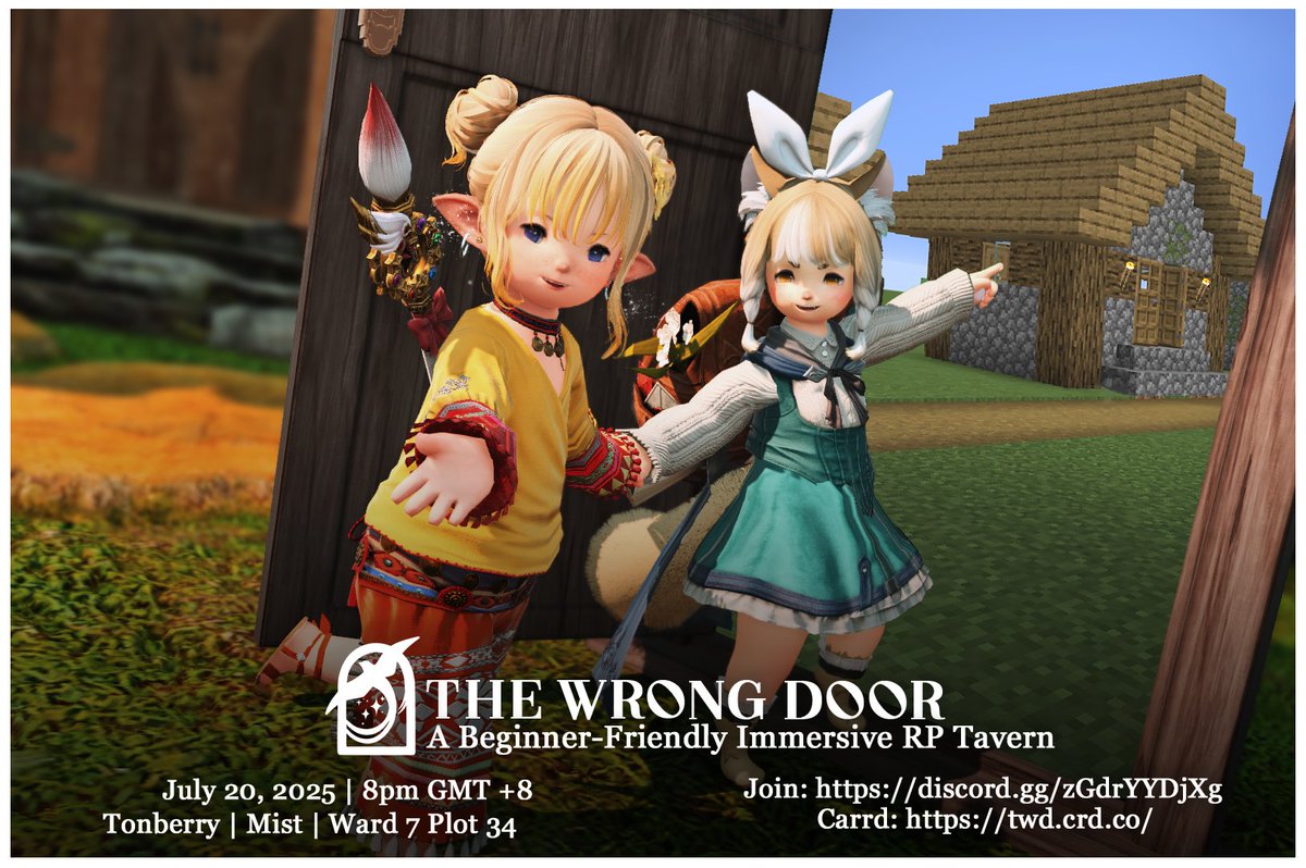 SandFaux's tweet image. I think we&apos;ve found the wrongest of doors.. @cactusyun 

#WrongDoorXIV is open this Sunday! Come find food and friends and.. hey who&apos;s this green guy?

📅18/5 8pm GMT+8
📍Tonberry | Mist | Ward 7 Plot 34
🔊 discord.gg/zGdrYYDjXg 
📑twd.crd.co