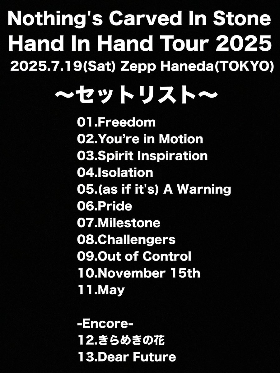 music_N777's tweet image. Nothing&apos;s Carved In Stone セトリ

#ナッシングス
#HandInHandTour
#Zepp #セトリ