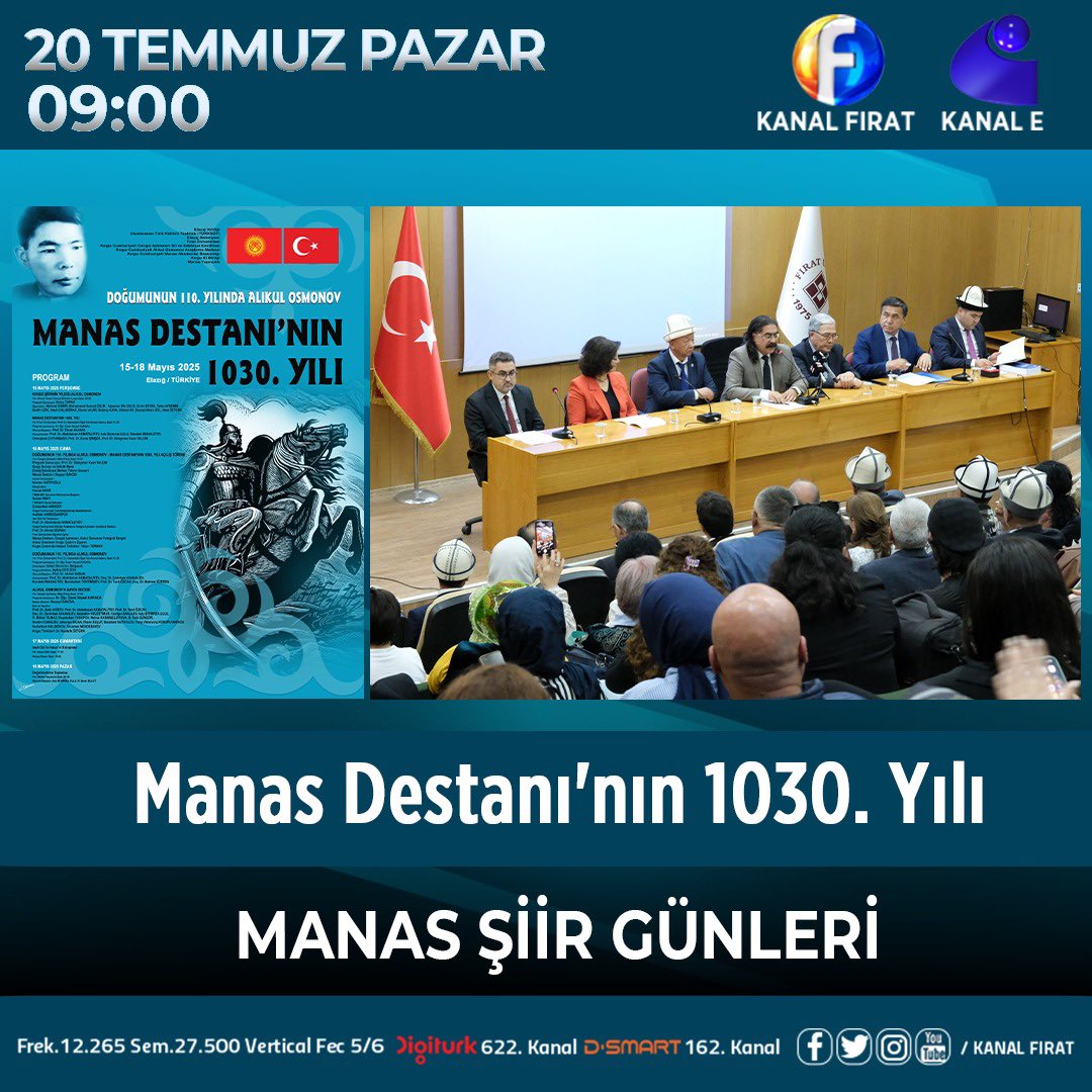 📣#ManasŞiirGünleri
🗓Pazar
⏰09:00
📺#KanalFırat'ta
🌃#Elazig #Elazığ
🌎kanalfirat.com.tr

🛰kanalfirat.com.tr/canli-yayin
📡youtube.com/KANALFIRAT
📡X.com/KANALFIRAT
📡facebook.com/KANALFIRAT
📡instagram.com/kanal_firat
📡threads.net/@KANALFIRAT