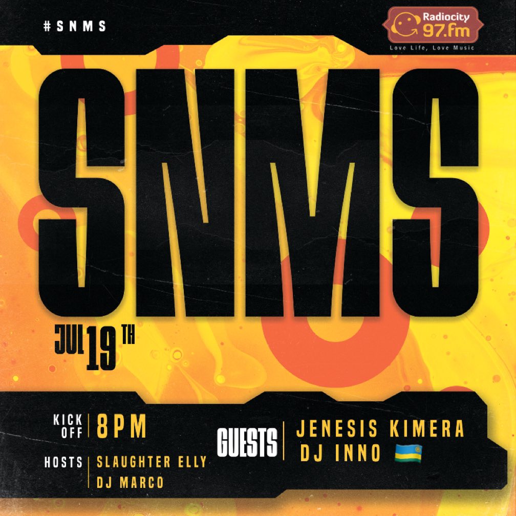djslaughterelly's tweet image. It’s #SNMS Day @97fmRadiocity.
Listen to awesome mixes from myself and @Dj_marco25 from 8pm till late.
We have @OrijinalJenesis coming through with new music and Dj Inno from Rwanda.
Stream: Radiocity.ug