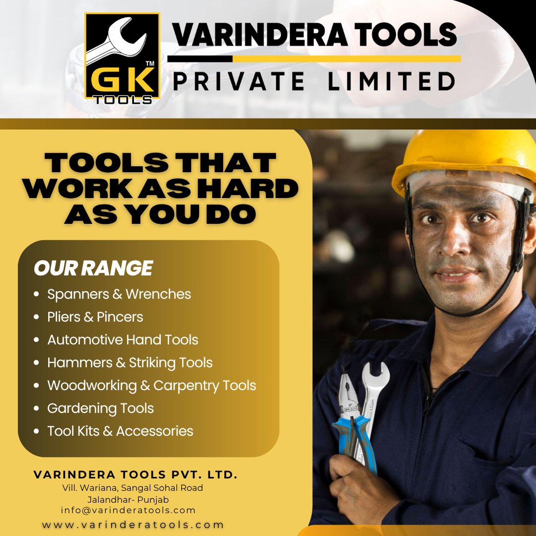 Varindera_Tools's tweet image. Best Hand Tools India

Varindera Tools Pvt. Ltd. – delivering high-performance hand tools for every job.

🔧 Spanners, Pliers, Hammers, Kits &amp;amp; more.

🌐 varinderatools.com

#HandTools #VarinderaTools #MadeInIndia #ToolsThatWork #WorkshopEssentials