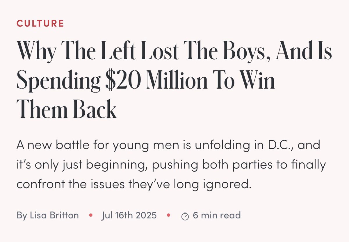LisaBritton's tweet image. I spoke with @RichardvReeves about the noticeable shift of young men towards the Right in the recent election: “I don't see any serious shift in opinion among young men on policy issues, so I think this is all still very movable…”
Do you think the Left can woo men back?…