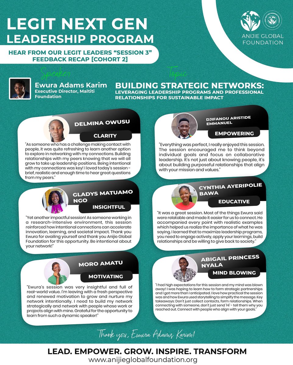 AnijieGlobal's tweet image. From Intentional connections to sustainable impact, networking anxiety โ strategic relationship building!
Thank you @ewuraadamskarim for this game-changing and transformational session!ย
#LegitNGL #AnijieGlobalFoundation #LEGITLeader #Changemakers #CommunityImpact
#leadership