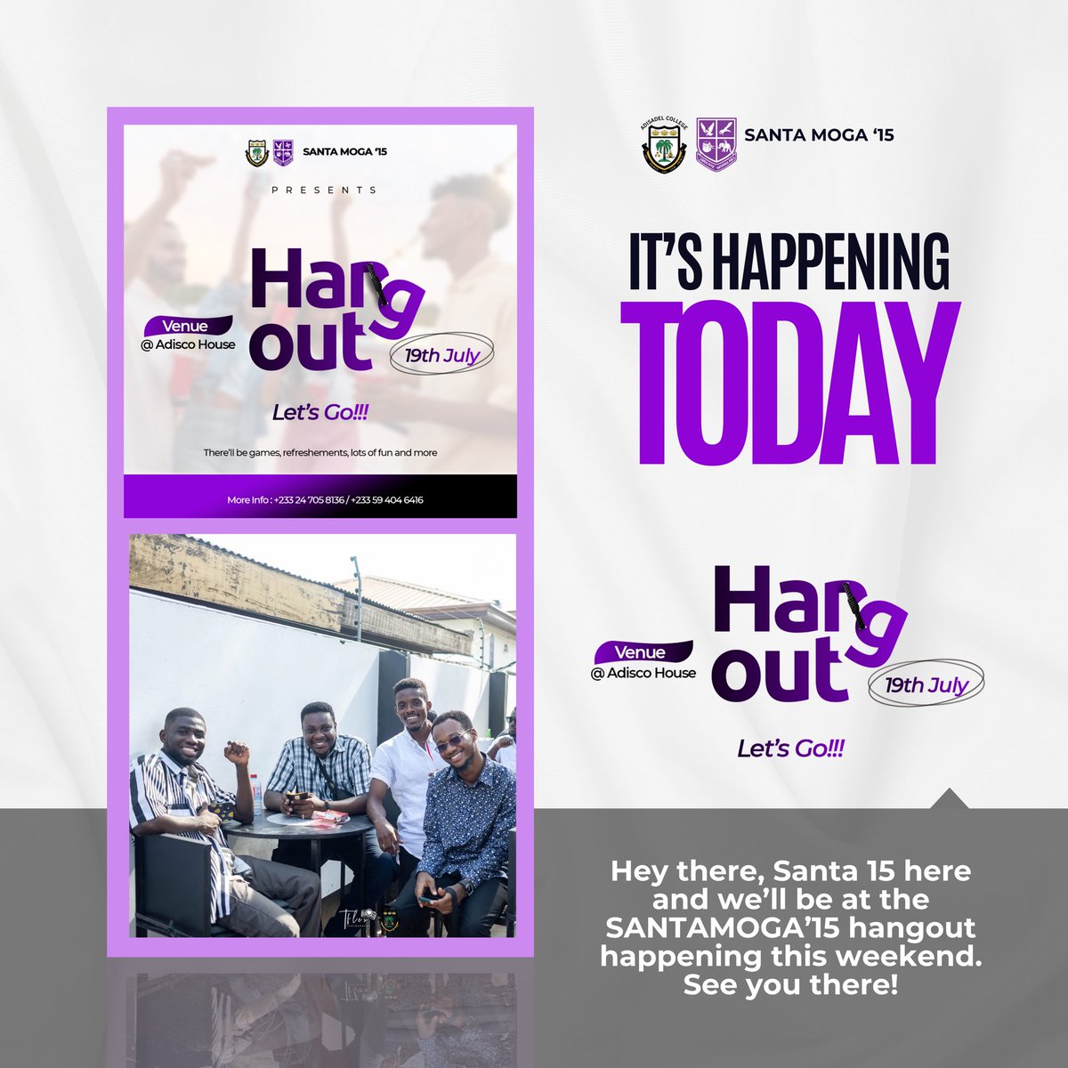 It’s todayyyy!!!!! Heattttttttt🔥🔥🔥🔥

The SANTAMOGA 15 hangout is here!!! 🖤🤍💜🤍. No long talks! See you there!!! Adisco Clubhouse, 4pm sharp!!!!

Tell a friend to tell a Santa to tell a Moga. 
#santamoga #hangout