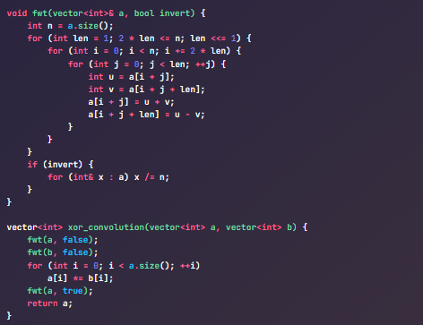 Fast Walsh-Hadamard Transform (FWT) for XOR Convolution:
FWT is like FFT but for XOR convolutions.
It’s used in problems involving subset sums, XOR bases, or probability on XOR masks.
Computes convolutions in O(N log N) for bitmask-like DP or signal analysis.
Efficient for