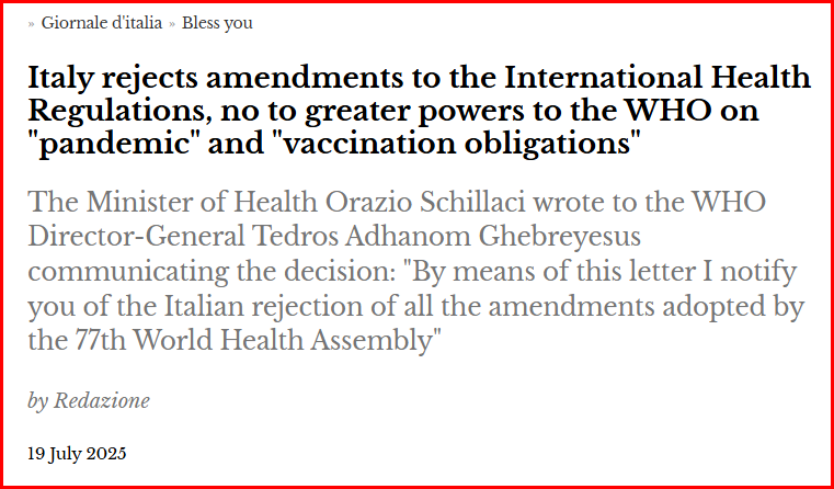 DOGE_VIROLOGY's tweet image. ✅Italy rejected WHO.
After the US, Italy also refused to hand over power to the WHO regarding vaccination and pandemics.