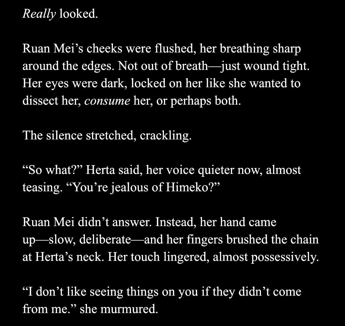 ig_jna's tweet image. Hi hello I’m not dead !
Here’s a snippet of part 3 of the HertaMei series (I swear I didn’t forget about the drawings either…)
#ao3 #hsr #hertamei #Herta #RuanMei