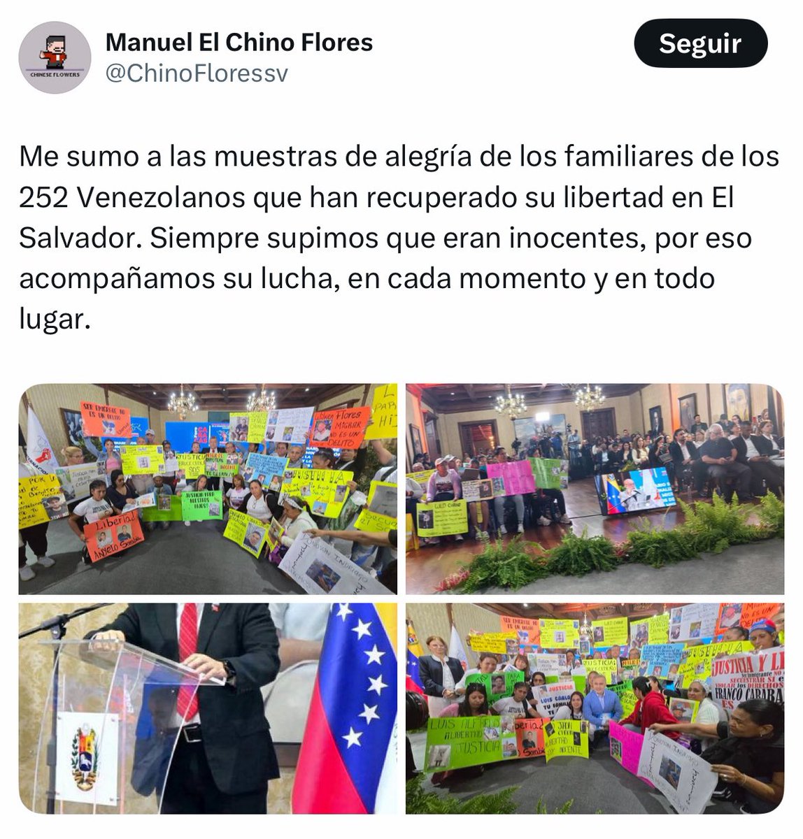 MinistDeMemesSv's tweet image. El Chino Flores celebró la repatriación de miembros del Tren de Aragua, afirmando: “Siempre supimos que eran inocentes, por eso acompañamos su lucha, en cada momento y en todo lugar”, ignorando los graves delitos por los que fueron capturados y enviados al CECOT en El Salvador