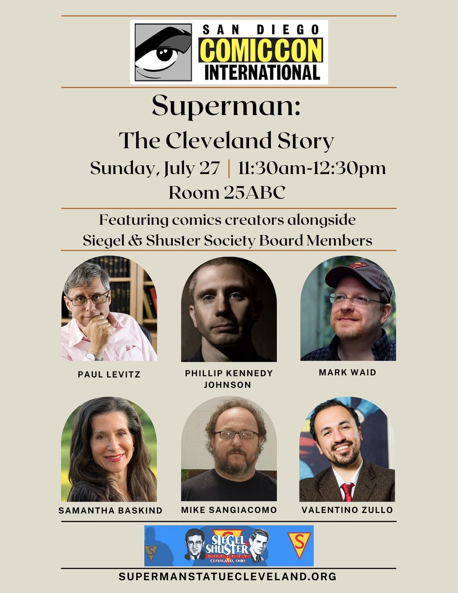 SiegelShuster38's tweet image. The summer of Superman continues! Comics creators Paul Levitz, @PhillipKJohnson, and Mark Waid join board members @SamanthaBaskind, Mike Sangiacomo, and @ValentinoLucaZ. We'll see you there! @Superman @JamesGunn #comics #Superman #Cleveland