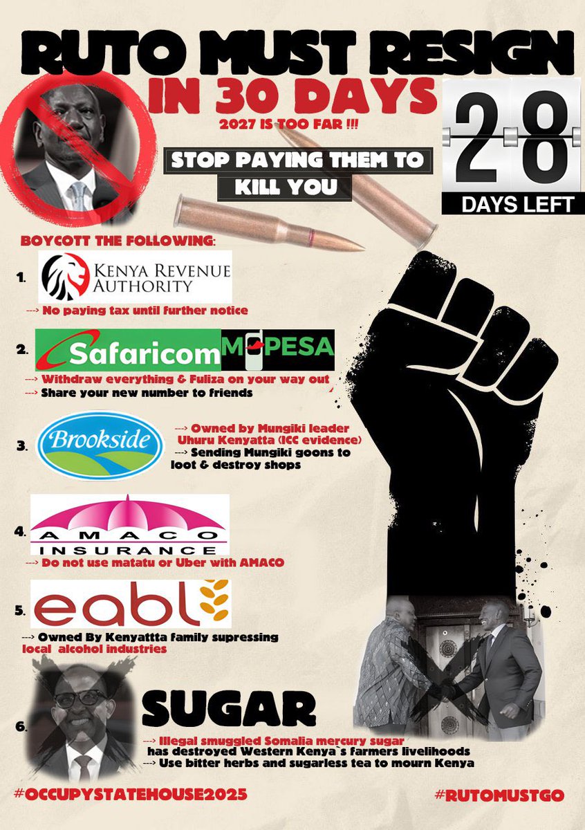 28-Days Left For William Ruto. 

Stop paying the following to kill you. 

❌ Kenya Revenue Authority (KRA)
❌ Safaricom/M-Pesa 
❌ Brookside Dairies 
❌ Amaco Insurance 
❌ EABL 
❌ All forms of supermarket sugar