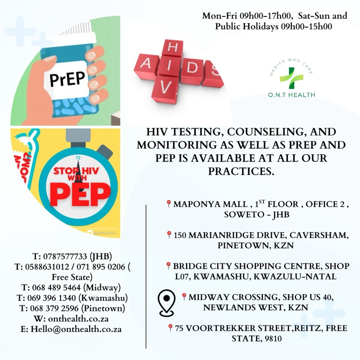 MedicsWhoCare's tweet image. “THE RISK IS NOT KNOWING” ‼️
🎗
HIV TESTING, COUNSELING, AND MONITORING , AS WELL AS PREP AND PEP IS AVAILABLE AT ALL OUR PRACTICES.
Open from 09:00-15:00 today
By Dr. O.N Vilakazi @OlwethuVilakazi