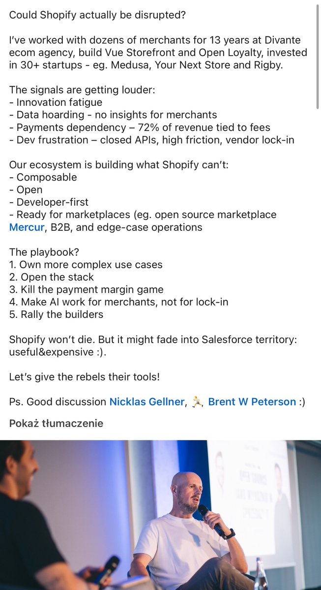 tomik99's tweet image. Could Shopify actually be disrupted?
The signals are getting louder:
- Innovation fatigue
- Data hoarding - no insights for merchants
- Payments dependency – 72% of revenue tied to fees
- Dev frustration – closed APIs, high friction, vendor lock-in.