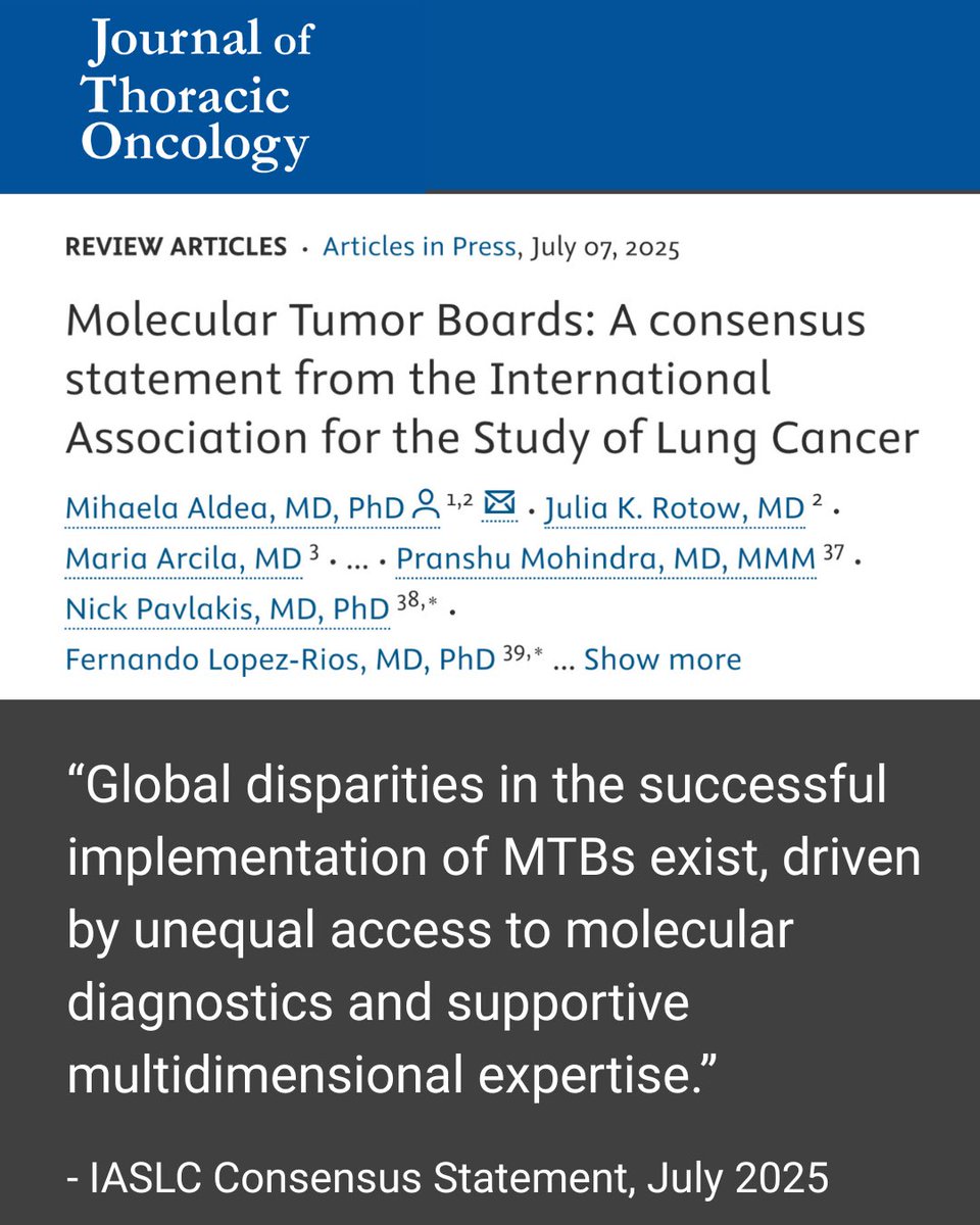 New global statement in Journal of Thoracic Oncology highlights major gaps in access to Molecular Tumour Boards (MTBs) - key to personalised #lungcancer care.

LuCE supports <a href="/IASLC/">IASLC</a>’s call for better infrastructure, wider testing &amp; virtual MTBs.

🔗 jto.org/article/S1556-… #LCSM