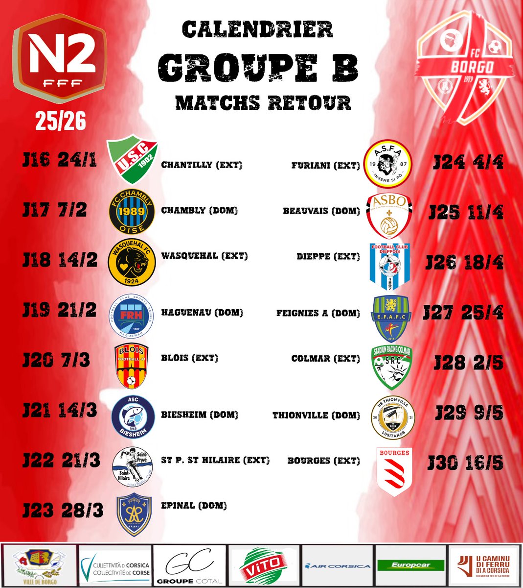 fcbastiaborgo's tweet image. National 2
Calendrier du Groupe B
Save the dates !!!
Deux rencontres à Paul Natali pour débuter la saison avec les réceptions de @BourgesFoot_off et de Chantilly.
Dates du derby contre Furiani
A Paul Natali le 8 novembre 
A Erbajolo le 4 avril 
Forza FCB ❤️ 🖤