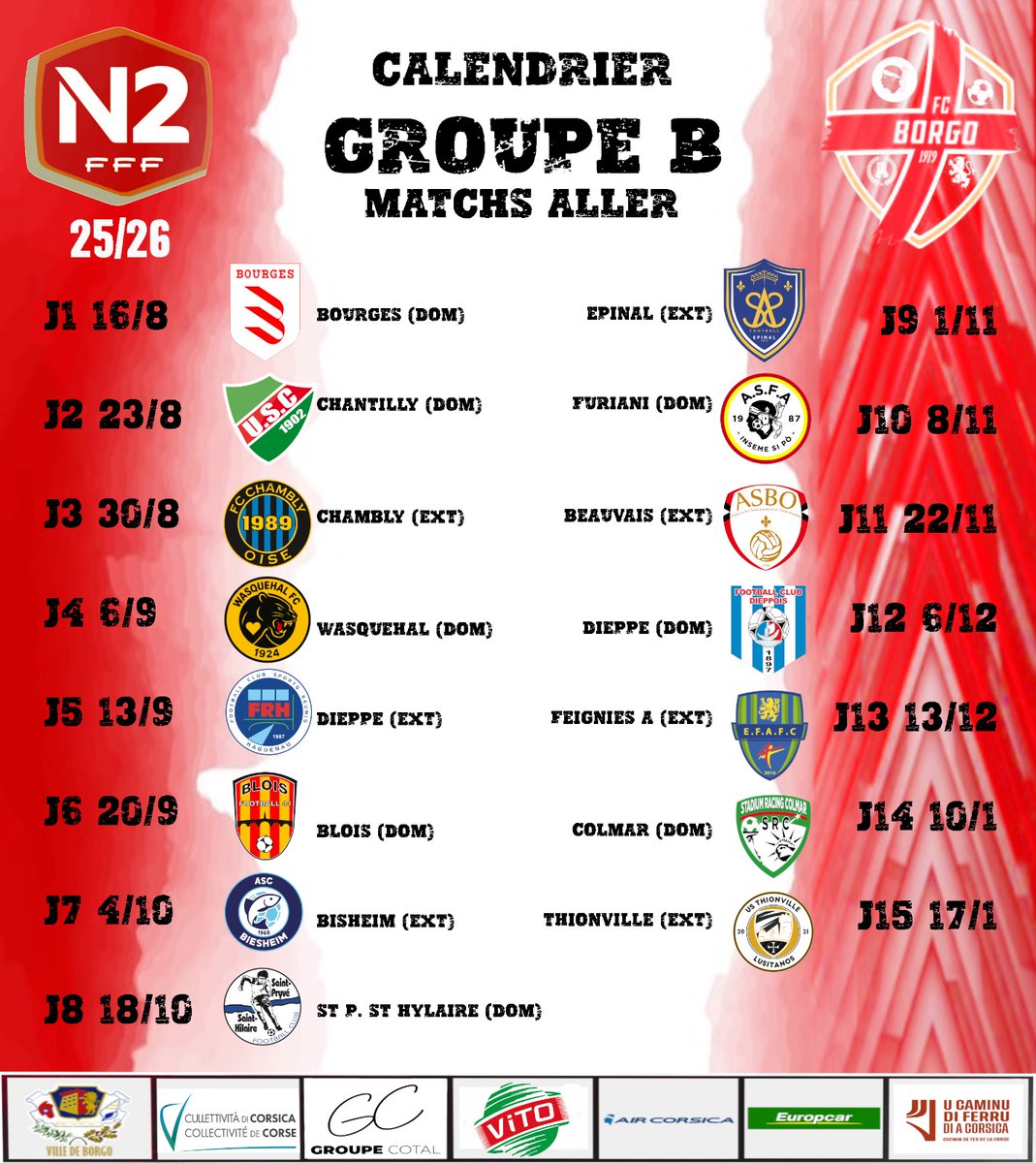fcbastiaborgo's tweet image. National 2
Calendrier du Groupe B
Save the dates !!!
Deux rencontres à Paul Natali pour débuter la saison avec les réceptions de @BourgesFoot_off et de Chantilly.
Dates du derby contre Furiani
A Paul Natali le 8 novembre 
A Erbajolo le 4 avril 
Forza FCB ❤️ 🖤