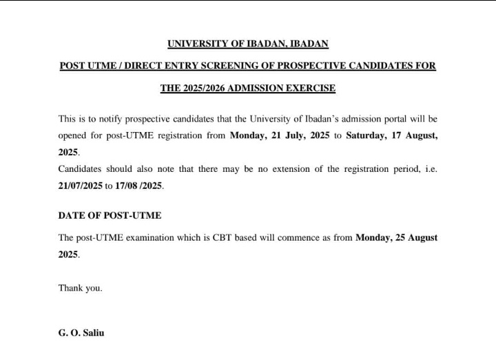 studentsunionui's tweet image. 📢 UI Post-UTME Registration Alert
The University of Ibadan's admission portal opens for post-UTME registration from Mon, July 21 to Sat, Aug 17, 2025.
🖥️ CBT Exam starts Mon, Aug 25, 2025