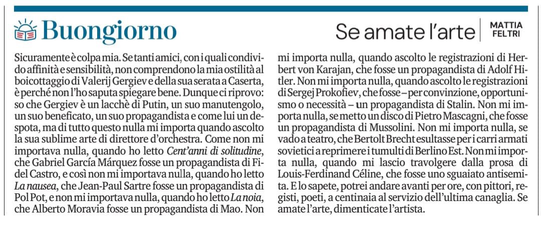 marsetac's tweet image. Di nuovo, @mattiafeltri, non condivido. Comprendo ed apprezzo l’amore per l’arte in sé, ma dei musicisti ed autori che menzioni, benedetti da grandi doti artistiche, ma legati ad ideologie o regimi aberranti, non ce n’è uno vivo. Leggere oggi Sartre e Moravia o ascoltare Von…