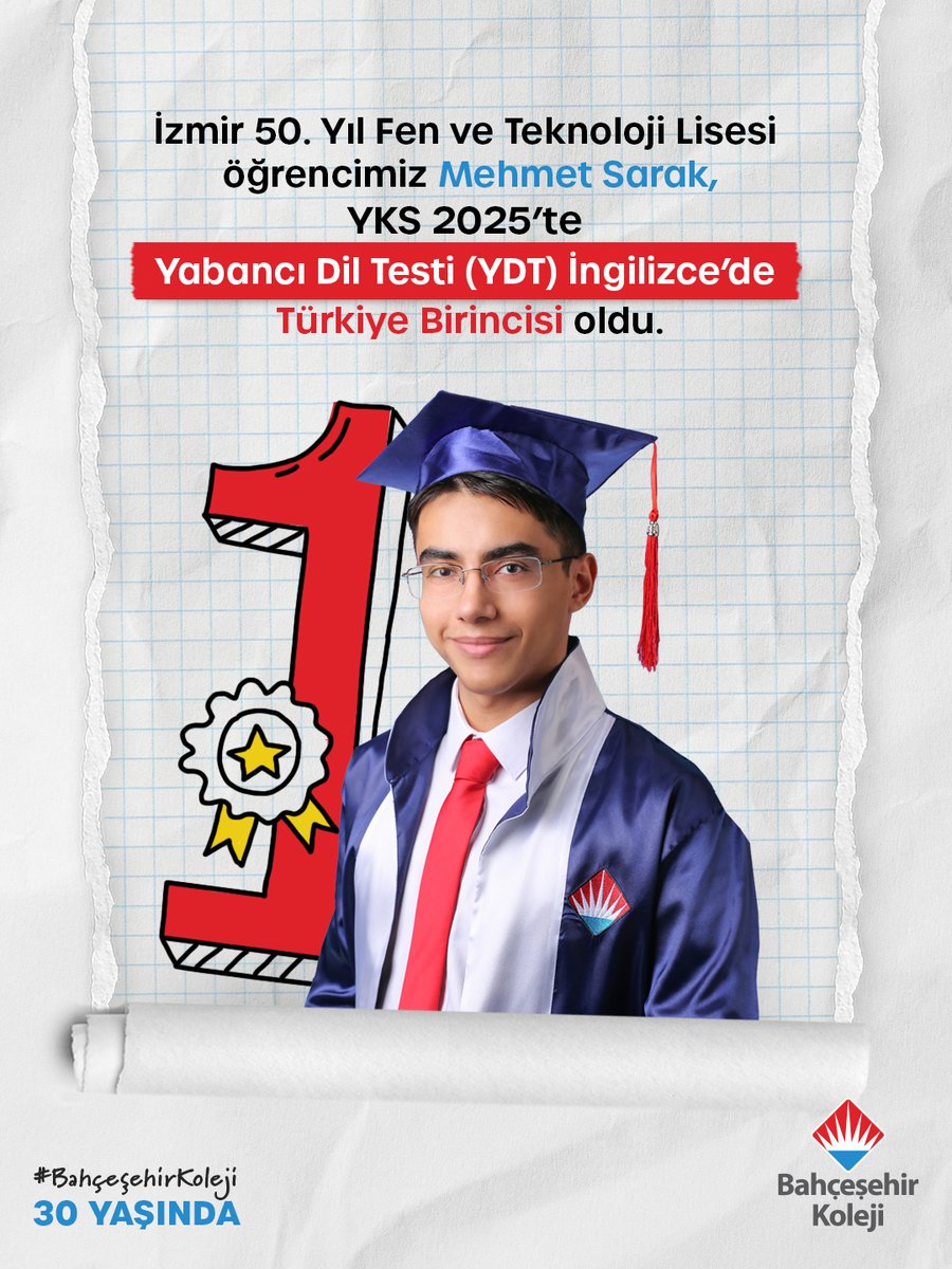 📣 YKS’25 YDT Türkiye Birincisi Bahçeşehir Kolejinden! ❤️💙

🏆 2025 YKS’de Yabancı Dil Testi (YDT) İngilizce alanında Türkiye Birincisi İzmir 50. Yıl Fen ve Teknoloji Lisesi öğrencimiz Mehmet Sarak oldu!
💻 11. Sınıfta kazandığı TÜBİTAK Bilgisayar Olimpiyatı Madalyası ile de