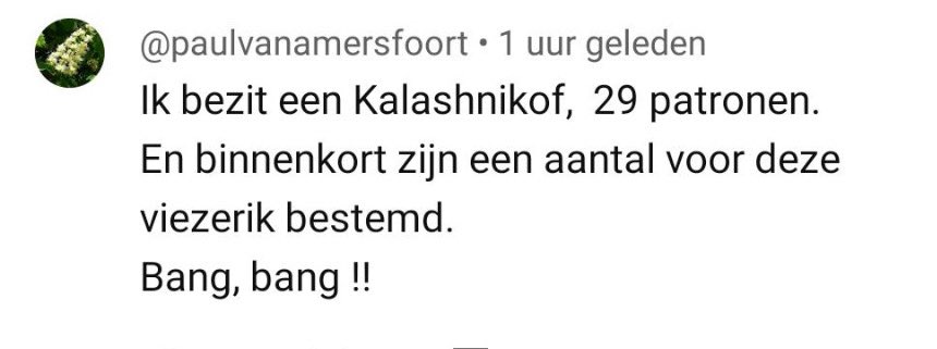 Gisteren kreeg ik onder een YouTube-post van <a href="/omroepwest/">Omroep West</a> onderstaande doodsbedreiging. Nu al de derde in amper een jaar. De 1e is reeds veroordeeld, voor de  2e komt een rechtszaak en deze, de 3e, heb ik gisteren gemeld bij het Team Bedreigde Politici youtu.be/MwfVNklX99U