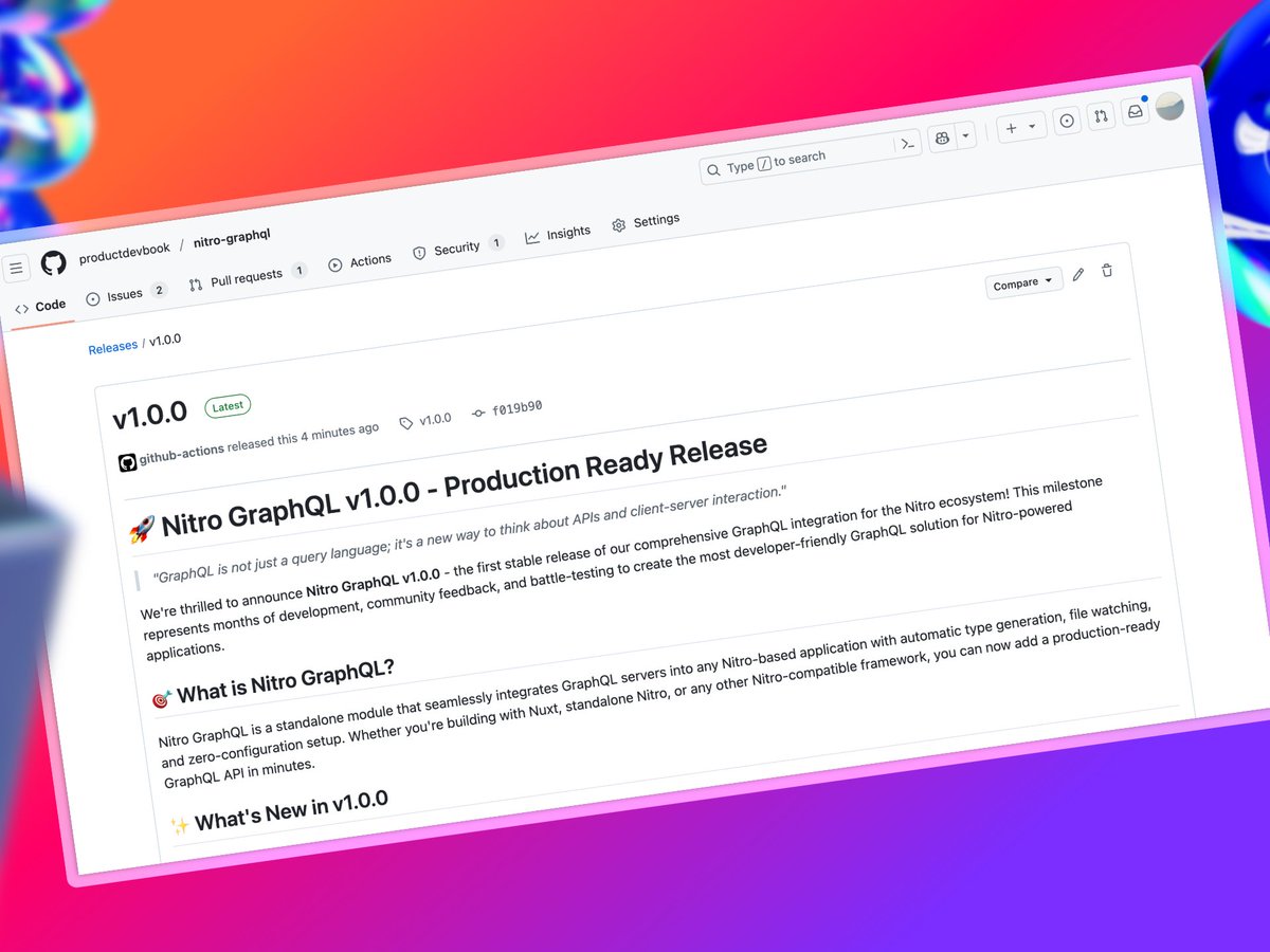 productdevbook's tweet image. Nitro GraphQL v1.0.0 is live! Build type-safe GraphQL APIs in any Nitro-powered framework with auto-discovery, hot reload, and zero config - from schema to production in minutes.

🏁 github.com/productdevbook…