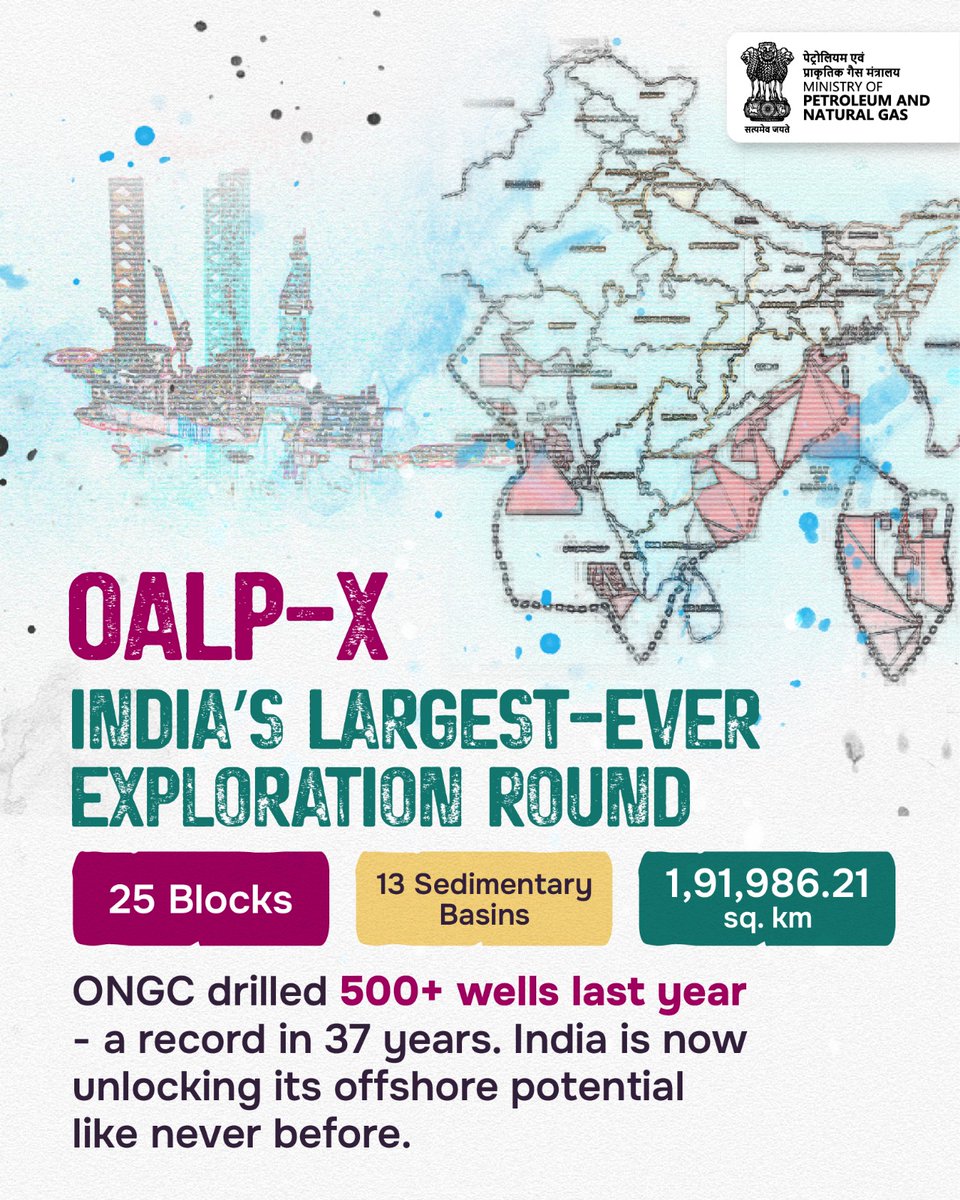 Hardeep Singh Puri (@hardeepspuri) on Twitter photo From 'No-Go' to 'Let’s Go' – India’s offshore energy story is changing fast.
Under PM <a href="/narendramodi/">Narendra Modi</a> ji’s leadership:
* 99% of ‘No-Go’ areas cleared
* 1 million sq km offshore unlocked
* OALP Round 10: India’s largest-ever offshore exploration round
* 25 blocks across 13 From 'No-Go' to 'Let’s Go' – India’s offshore energy story is changing fast.
Under PM <a href="/narendramodi/">Narendra Modi</a> ji’s leadership:
* 99% of ‘No-Go’ areas cleared
* 1 million sq km offshore unlocked
* OALP Round 10: India’s largest-ever offshore exploration round
* 25 blocks across 13