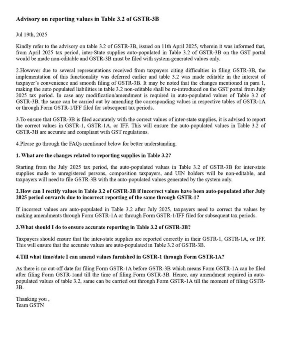 GSTReckoner's tweet image. GSTN Advisory: Starting July 2025, Table 3.2 in GSTR-3B for inter-state supplies will be auto-populated & non-editable. Ensure accurate reporting in GSTR-1/GSTR-1A/IFF to avoid discrepancies. Amendments via GSTR-1A allowed till GSTR-3B filing. #GST #GSTR3B #TaxUpdate