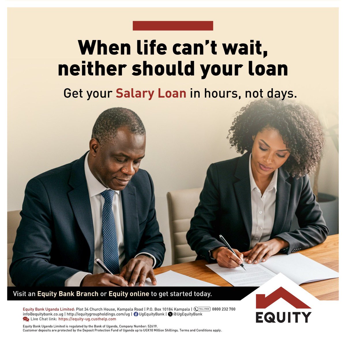 UgEquityBank's tweet image. When life moves fast, your loan should too.
Get your salary loan approved in just hours, with no waiting and no hassle.
Visit any Equity Bank branch or apply online today.
#EquityBankUganda