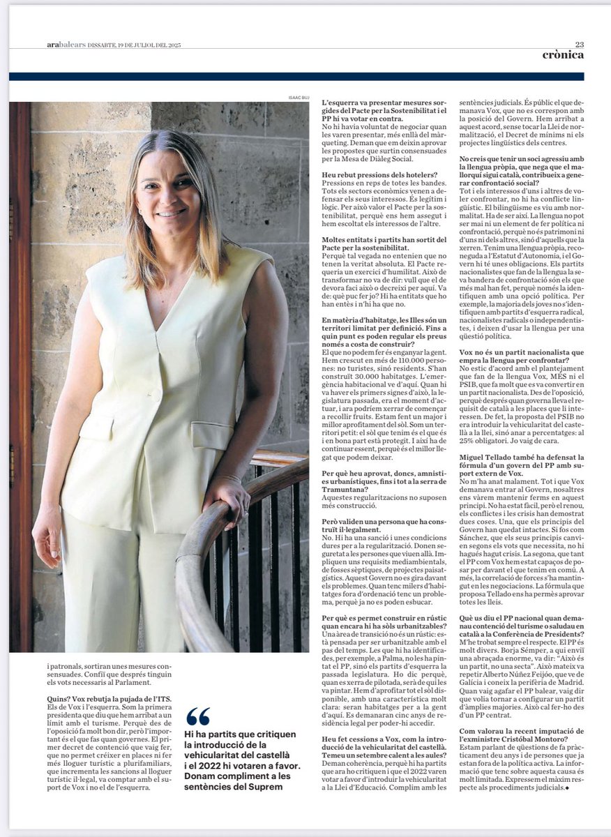 Marga Prohens (@margaprohens) on Twitter photo Compartesc l’entrevista que em va fer l’<a href="/arabalears/">Diari ARA Balears</a> en la que explic la remodelació de Govern, la nostra posició davant el cupo separatista, les polítiques de contenció turística i les polítiques per fer més habitatge per a la gent d’aquí.
#SomelCanvideTots Compartesc l’entrevista que em va fer l’<a href="/arabalears/">Diari ARA Balears</a> en la que explic la remodelació de Govern, la nostra posició davant el cupo separatista, les polítiques de contenció turística i les polítiques per fer més habitatge per a la gent d’aquí.
#SomelCanvideTots