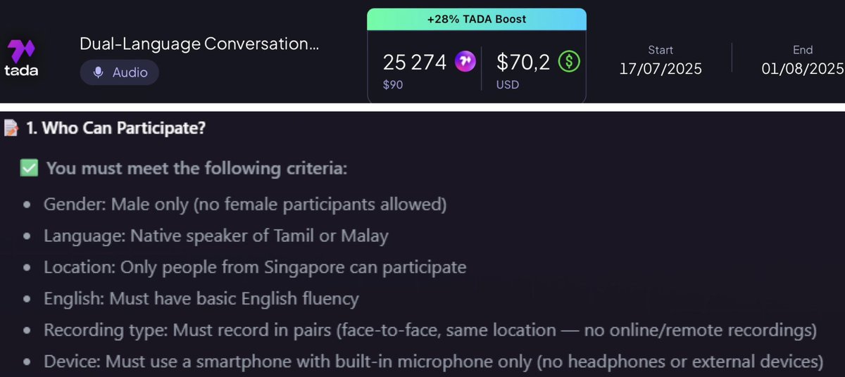 bullette06's tweet image. 📢 Males in Singapore!
Speak Tamil-English or Malay-English?

Join this in-person voice recording – simple, fast, earn $70+ USD! 💵🤑
Also on Ta-da: 📸 photos 🎥 videos🧍social tasks📱3D scans &amp;amp; more!
🔗 Sign up: app.ta-da.io

#SingaporeJobs #EasyMoney #PaidTasks #tada