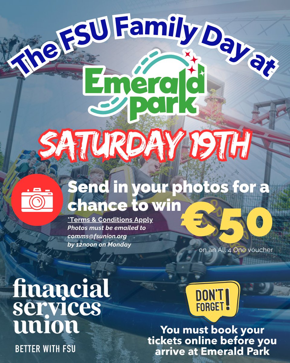 Financial Services Union (@fsuireland) on Twitter photo 🎢 To everyone heading to <a href="/emeraldparkirl/">Emerald Park</a> for FSU Family Day — enjoy the fun! 🌟
📸 Snap a great pic? You could win a €50 All4One voucher! send your pic to comms@fsunion.org
T&Cs apply: fsunion.org/assets/files/p…
🔗 Don’t forget to pre-book before you arrive! 🎢 To everyone heading to <a href="/emeraldparkirl/">Emerald Park</a> for FSU Family Day — enjoy the fun! 🌟
📸 Snap a great pic? You could win a €50 All4One voucher! send your pic to comms@fsunion.org
T&Cs apply: fsunion.org/assets/files/p…
🔗 Don’t forget to pre-book before you arrive!