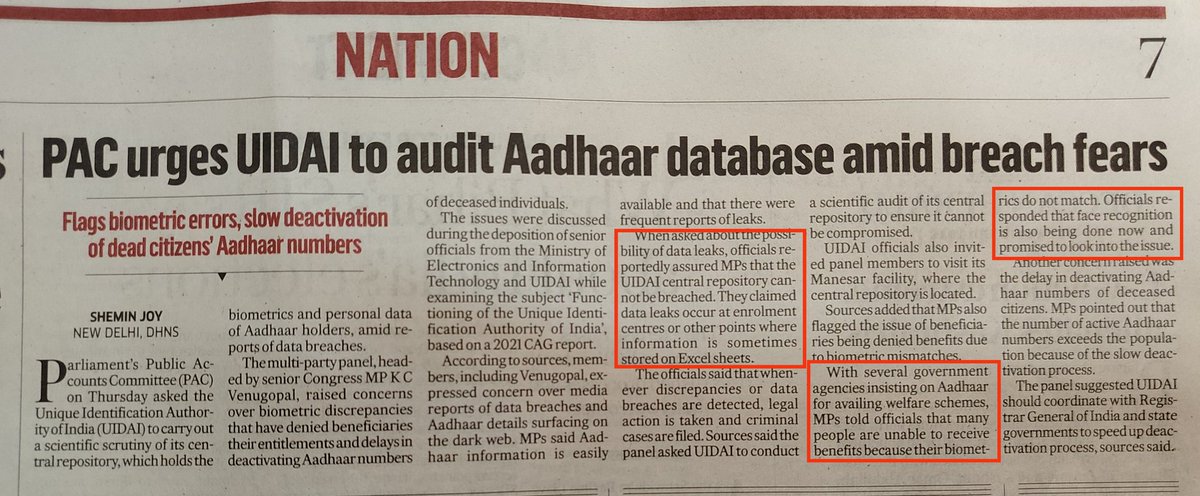 bulletmanV's tweet image. #Aadhaar shit is hitting the roof👇. Biometrics are flaky, easy to breach and do not scale up to large populations. All of these were flagged in the parliamentary panel report of 2010 when UPA govt brought Aadhaar.