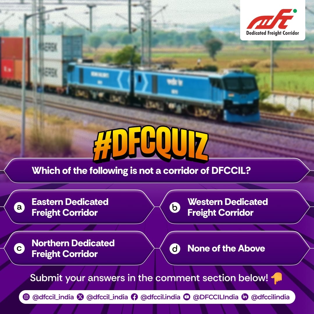 Calling all Rail Enthusiasts!
Let’s put your rail IQ to the test — dive into the world of dedicated freight logistics with DFCCIL!

Drop your answer in the comments and tag a fellow rail fan!

Let's see who gets it right! 
#DFCQUIZ #DFCCILINDIA