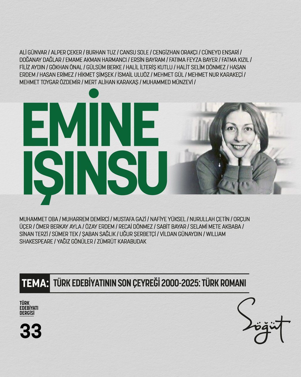 Söğüt yeni sayısıyla otuken.com.tr de... 

33. sayıda Emine Işınsu ve Türk romanının son 25 yılının incelendiği iki güzel dosya bekliyor okurlarımızı. Ve yine şiirler, hikayeler, denemelerle pek çok kıymetli yazarımız Söğüt'te... 

Okuyun, okutun.