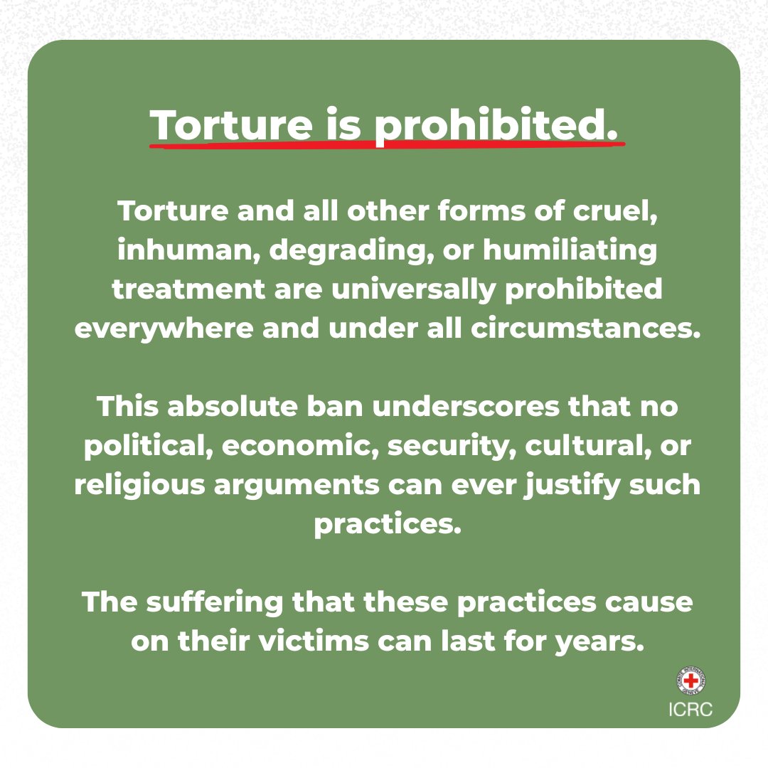 ICRC_ua's tweet image. It doesn't matter how, who, where, or why:
The Geneva Conventions clearly state that torture is never acceptable and always illegal.