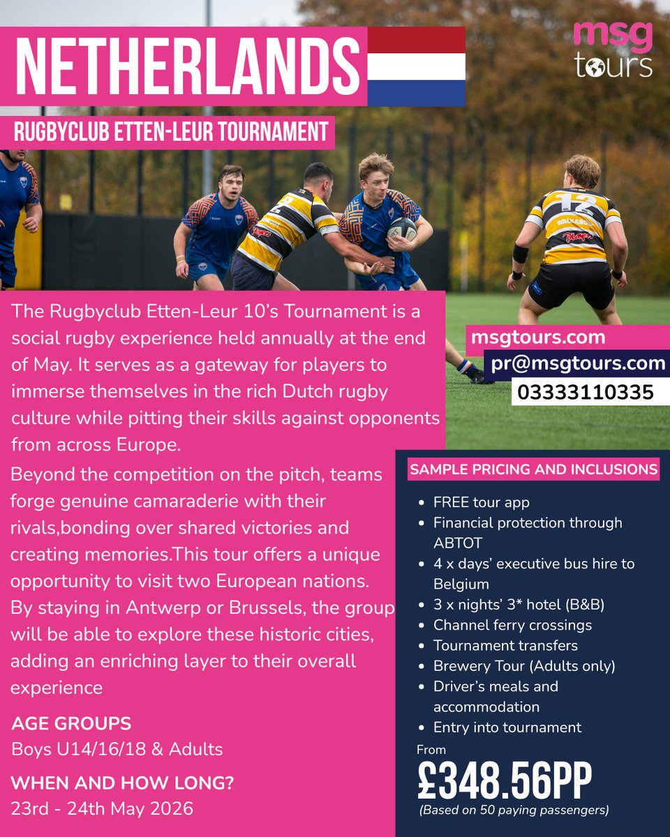 MSG Tours (@msgtours) on Twitter photo Take your team to the heart of Dutch rugby🏉
Contact us for more information!
Msgtours.com
Pr@msgtours.com
03333110335 Take your team to the heart of Dutch rugby🏉
Contact us for more information!
Msgtours.com
Pr@msgtours.com
03333110335