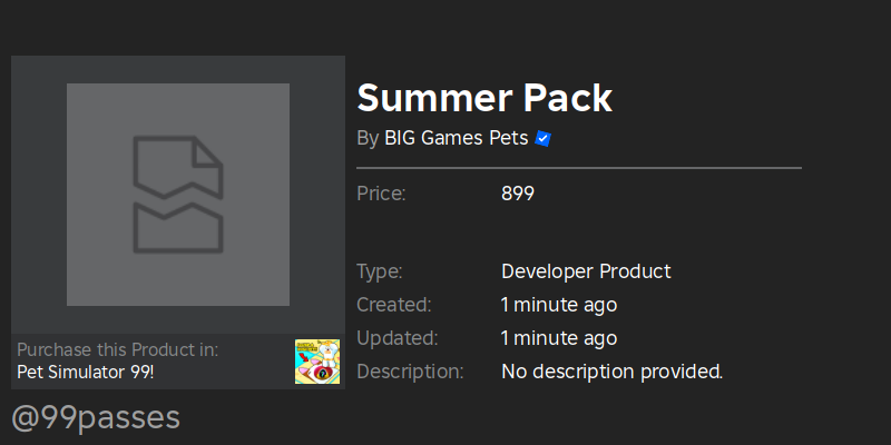 🚨 New Developer Product Detected! 🚨
Name: Summer Pack
Price: 899 Robux
Link: roblox.com/developer-prod…
