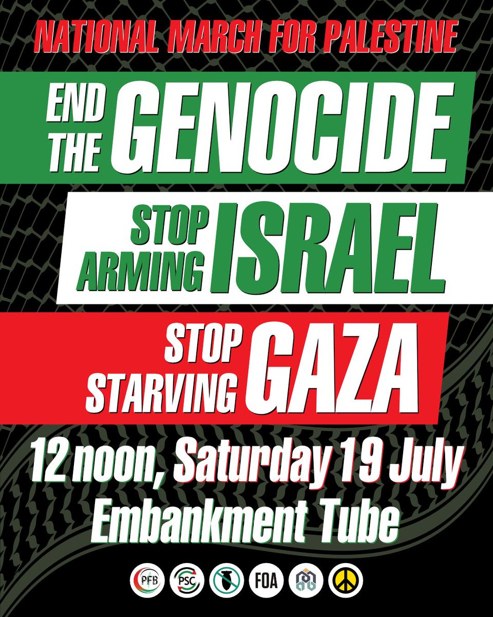 PSCupdates's tweet image. 🚨 TODAY - National March for Palestine - Stop Starving Gaza
⏰ 19 July, 12PM
📍 Embankment Tube
As our governmentt seeks to repress the movement for Palestine and Israel continues to commit genocide in Gaza we must pressure our govt to #StopArmingIsrael. Join us.