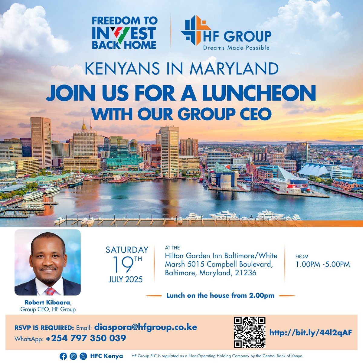 Calling All Kenyans in Maryland! 🇺🇸
Join us today in Baltimore, Maryland for a special luncheon hosted by our Group CEO, who is in town with our team!
Come hear exclusive insights on investment opportunities back home in Kenya, and learn more about our tailored solutions designed