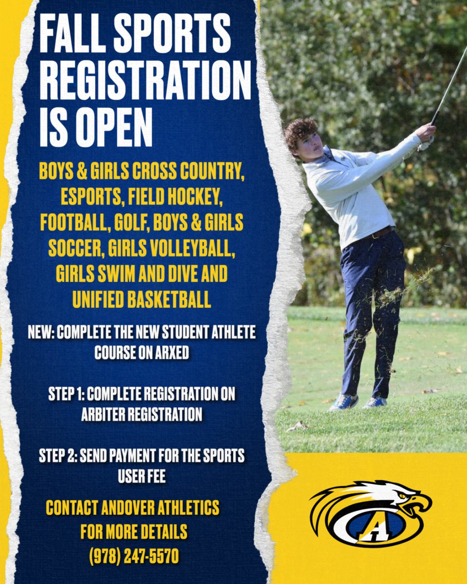 Andover Athletics (@andoverwarriors) on Twitter photo FALL SPORTS REGISTRATION IS OPEN! Use this link to register today: 
students.arbitersports.com/organizations/β¦ 
<a href="/AndoverPrin/">Jimmy D'Andrea</a> <a href="/AndoverPS/">APS</a> FALL SPORTS REGISTRATION IS OPEN! Use this link to register today: 
students.arbitersports.com/organizations/β¦ 
<a href="/AndoverPrin/">Jimmy D'Andrea</a> <a href="/AndoverPS/">APS</a>