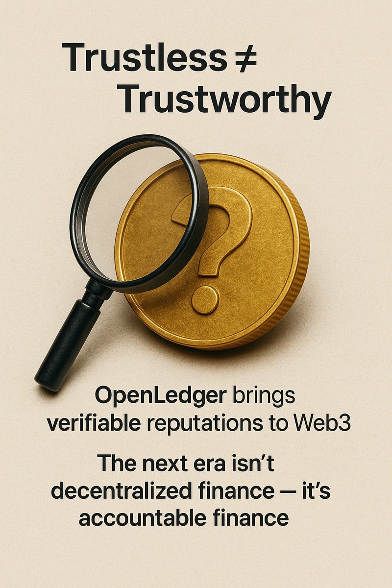 The Prodigy🥷📈 (@mavvy_02) on Twitter photo 🔍 Trustless ≠ Trustworthy
DeFi says “trust the code.”
But code doesn’t show up in court.
It doesn’t refund your rug-pull.
It doesn’t explain why your funds vanished.
<a href="/OpenledgerHQ/">Openledger</a> brings verifiable reputations to Web3.
Because transparency without accountability is just 🔍 Trustless ≠ Trustworthy
DeFi says “trust the code.”
But code doesn’t show up in court.
It doesn’t refund your rug-pull.
It doesn’t explain why your funds vanished.
<a href="/OpenledgerHQ/">Openledger</a> brings verifiable reputations to Web3.
Because transparency without accountability is just
