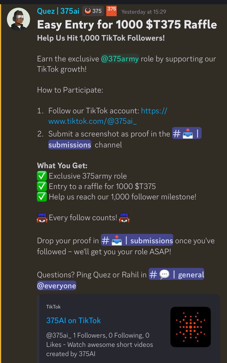 BadManHanzo's tweet image. Check out the raffle going for a massive prize of 1000 $375ai token and a role upgrade just by following them on TikTok. The CEO of @375ai_  has hinted the end of this phase soon so could be worth it.