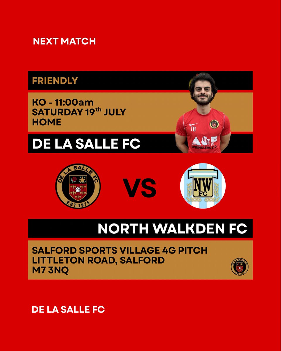 De La Salle FC (@delasallereds) on Twitter photo ⚽️PRE SEASON⚽️
🕰️ - 11:00am
🏆 - Friendly
🏟️ - De La Salle FC vs North Walkden FC
📍 - Salford Sports Village, Littleton Road, Salford
▪️M7 3NQ▪️
Our 2nd pre season game see’s us take on <a href="/north_walkdenfc/">North Walkden FC</a> ⚽️PRE SEASON⚽️
🕰️ - 11:00am
🏆 - Friendly
🏟️ - De La Salle FC vs North Walkden FC
📍 - Salford Sports Village, Littleton Road, Salford
▪️M7 3NQ▪️
Our 2nd pre season game see’s us take on <a href="/north_walkdenfc/">North Walkden FC</a>
