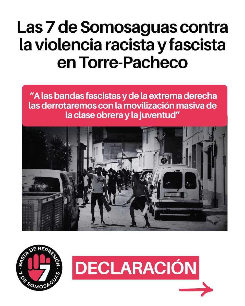 7deSomosaguas's tweet image. ❌ Basta de violencia racista y fascista❌
Desde las 7 de Somosaguas condenamos profundamente lo sucedido en Torre-Pacheco y queremos mandar toda nuestra solidaridad a nuestrxs compañerxs migrantes que sufren la explotación y discriminación a diario.
7desomosaguas.info/las-7-de-somos…