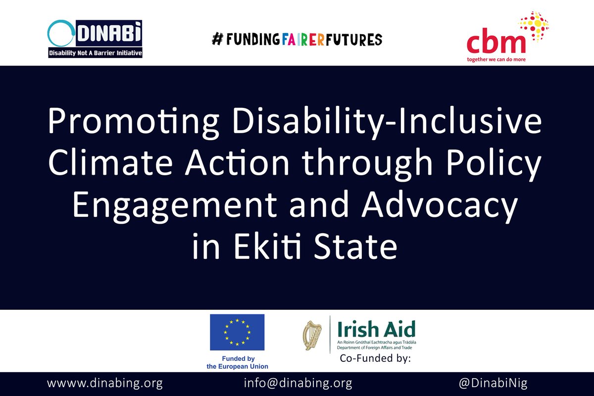 Disability Not A Barrier Initiative (DINABI) (@dinabinig) on Twitter photo NEW PROJECT ALERT
We are excited to share with you that we have secured grant from #CBMIreland to Promote Disability-Inclusive Climate Action through Policy Engagement and Advocacy under the #fundingfairerfutures project funded by the <a href="/EU_Commission/">European Commission</a> and co-funded by #IrishAid NEW PROJECT ALERT
We are excited to share with you that we have secured grant from #CBMIreland to Promote Disability-Inclusive Climate Action through Policy Engagement and Advocacy under the #fundingfairerfutures project funded by the <a href="/EU_Commission/">European Commission</a> and co-funded by #IrishAid