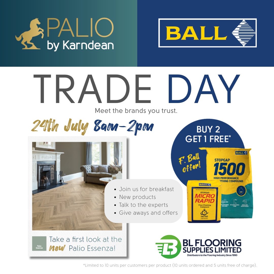 F. Ball and Co. Ltd. (@fballuk) on Twitter photo On 24th July we will be joining <a href="/PalioFlooring/">Palio Trade by Karndean</a> at <a href="/BL_Flooring/">BL Flooring Supplies Limited</a> Bristol for a trade day with a difference✨
Take a look at their NEW Palio Essenza flooring and pick up a fantastic buy 2 get 1 free offer on our subfloor preparation products, Stopgap 1500 and Micro Rapid.
#fball On 24th July we will be joining <a href="/PalioFlooring/">Palio Trade by Karndean</a> at <a href="/BL_Flooring/">BL Flooring Supplies Limited</a> Bristol for a trade day with a difference✨
Take a look at their NEW Palio Essenza flooring and pick up a fantastic buy 2 get 1 free offer on our subfloor preparation products, Stopgap 1500 and Micro Rapid.
#fball