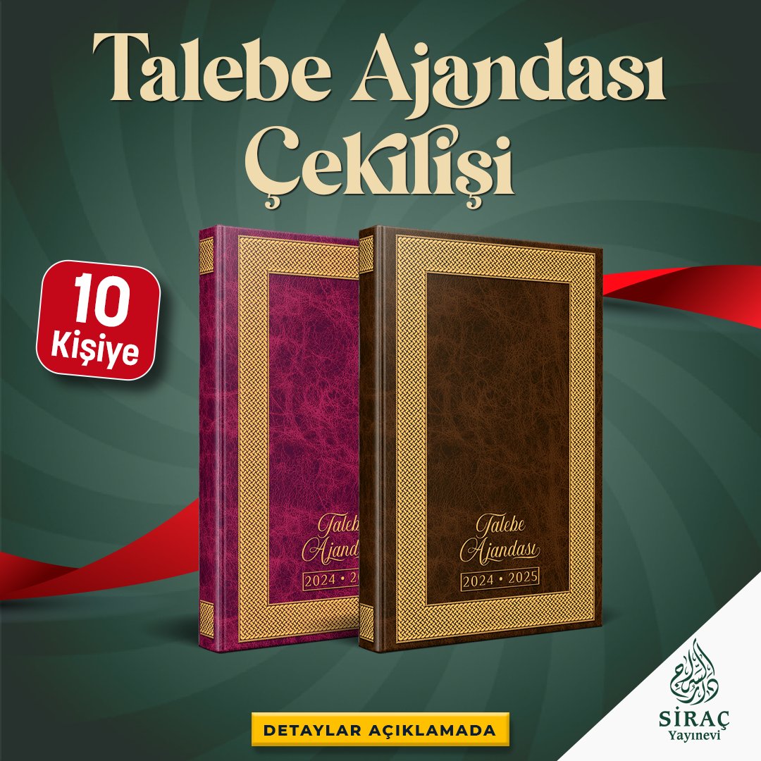 Siraç Yayınevi (@siracyayin) on Twitter photo 📚 ÇEKİLİŞ ZAMANI 📚
🎁 Talebe Ajandası adlı eseri 10 kişiye hediye ediyoruz!
Katılmak için:
1️⃣ RT
2️⃣ Beğen
3️⃣ Sayfalarımızı takip et:
<a href="/siracyayin/">Siraç Yayınevi</a>
<a href="/ismailagayayin/">İsmailağa Yayınevi</a>
4️⃣ 3 arkadaşını etiketle
📅 Son katılım: 23.07.2025 📚 ÇEKİLİŞ ZAMANI 📚
🎁 Talebe Ajandası adlı eseri 10 kişiye hediye ediyoruz!
Katılmak için:
1️⃣ RT
2️⃣ Beğen
3️⃣ Sayfalarımızı takip et:
<a href="/siracyayin/">Siraç Yayınevi</a>
<a href="/ismailagayayin/">İsmailağa Yayınevi</a>
4️⃣ 3 arkadaşını etiketle
📅 Son katılım: 23.07.2025