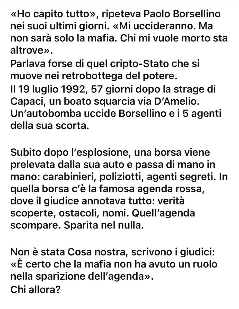 streetcnina's tweet image. UN’AGENDA ROSSA SANGUE
«Ho capito tutto», ripeteva Borsellino ai pochi collaboratori di cui si fidava, negli ultimi giorni della sua vita.
#PaoloBorsellino