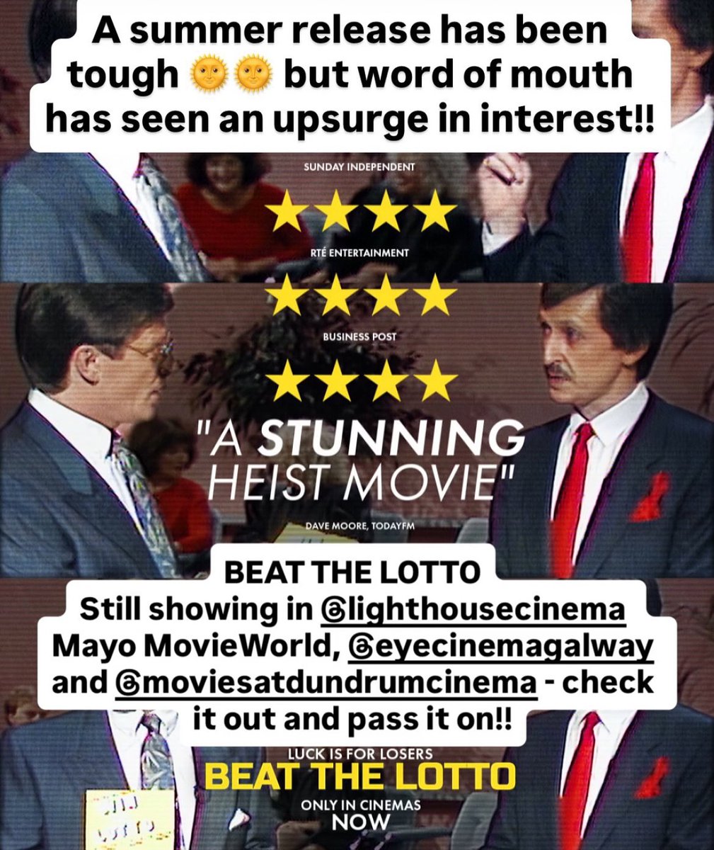 rosswhitakertv's tweet image. Word of mouth has fuelled some busy BEAT THE LOTTO screenings this week but only a few screens left. Check it out at @MoviesDundrum @eyelovemovies @MayoMovieWorld1 and LightHouse Dublin. Don’t miss it!!