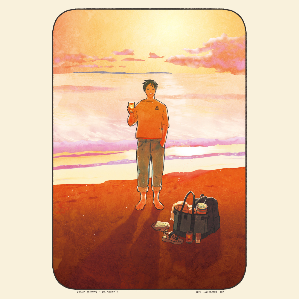toaworks's tweet image. 昨年開催したイラスト展「絵で呑む酒場」で制作したイラストその5✏️
🍺テーマにしたビールは静岡のGARCIA BREWINGさんの「SOL NACIENTE(HAZY IPA)」
1つのビールにつき、ビールの味から連想した「風景」と、その味を香り・味わい・後味に分けて「3コマ化」する、2通りの方法で表現しました💡