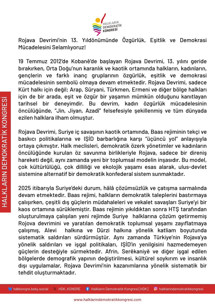 HDK_KONGRE's tweet image. Rojava Devrimi’nin 13. Yıldönümünde Özgürlük, Eşitlik ve Demokrasi Mücadelesini Selamlıyoruz!